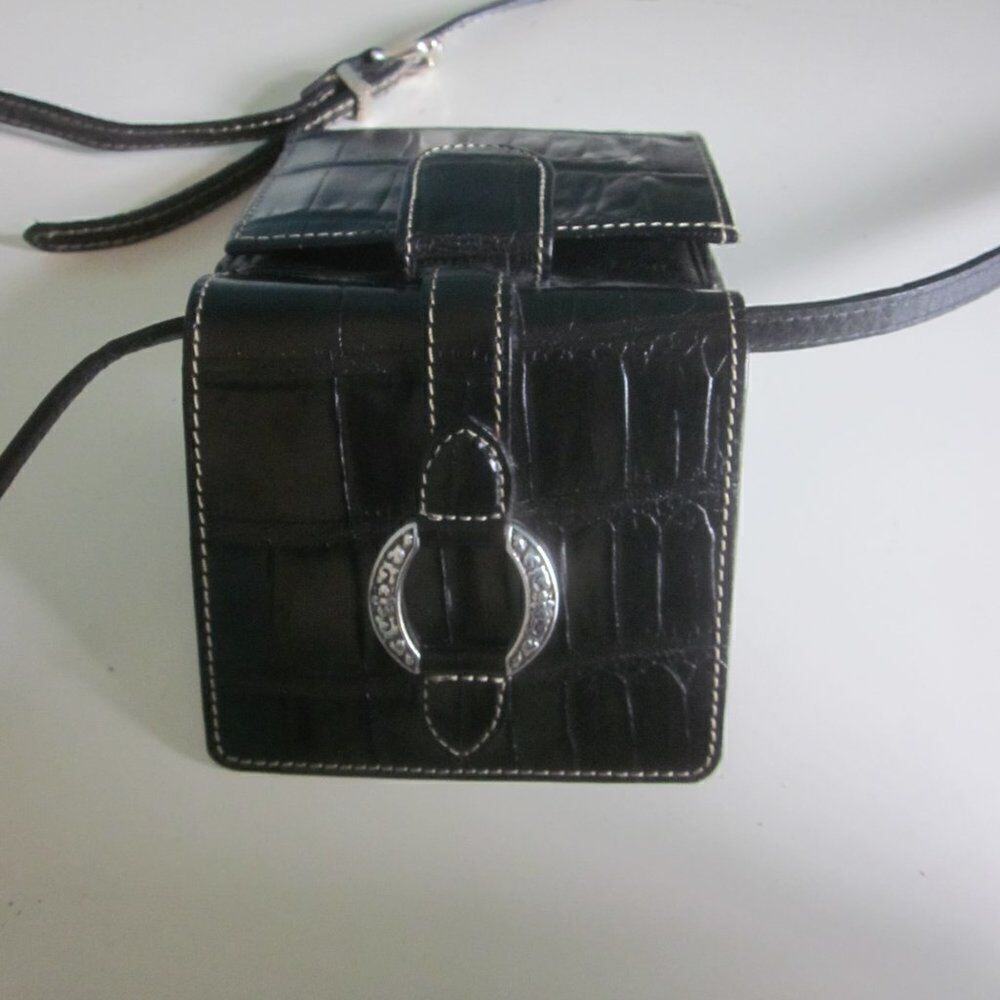 Brighton Small Wallet on Crossbody Strap Black Croc Embossed Leather 4 X 4"